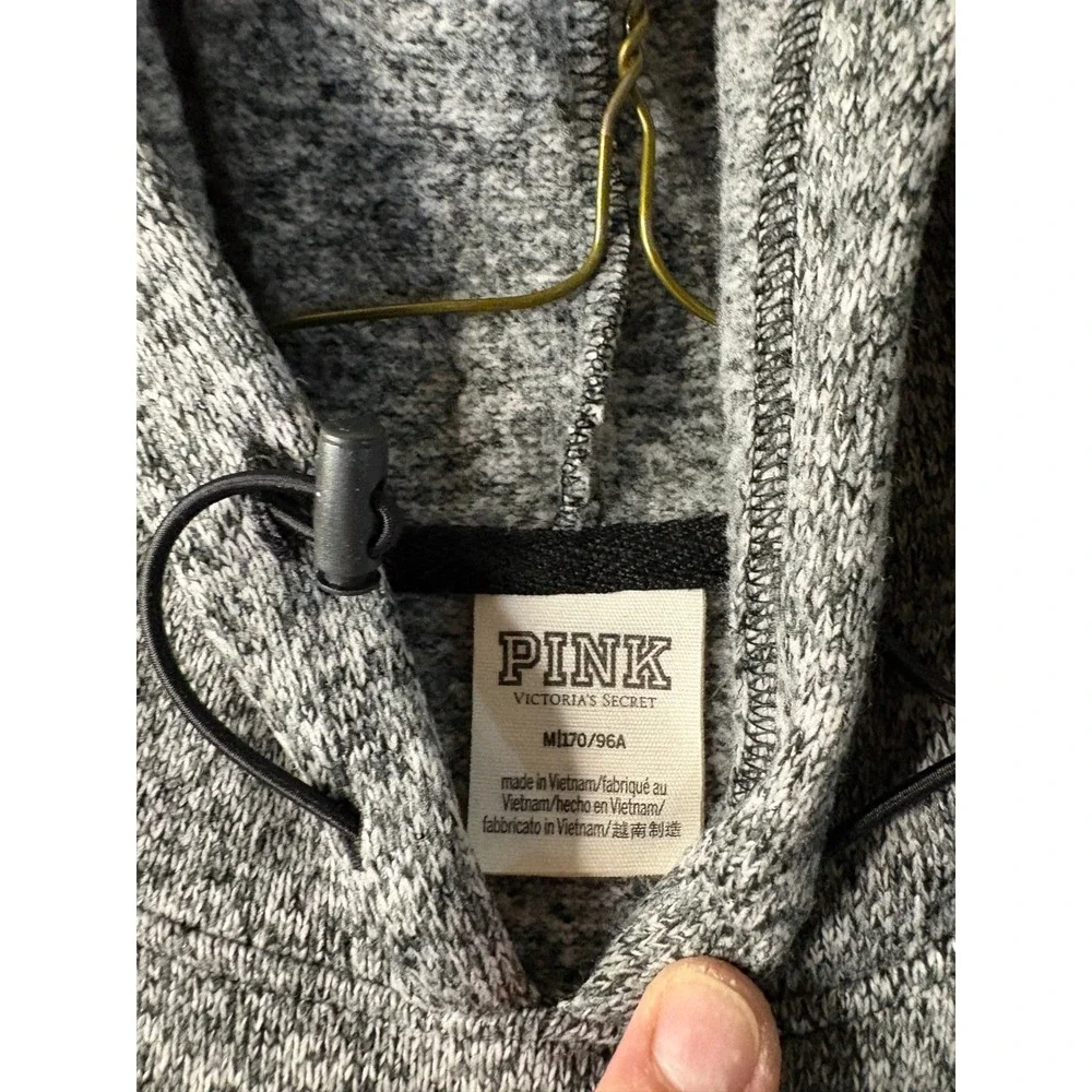 Pink Victoria's Secret Womens Marled Knit Hoodie Grey Pullover Logo Patch Medium